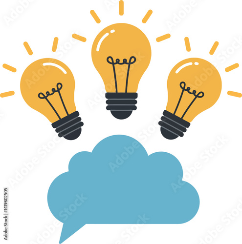 Three glowing yellow light bulbs above blue speech bubble flat design creative idea vector illustration
