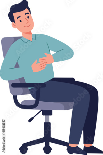 Young man relaxing in office chair with hands on stomach casual posture flat design vector illustration