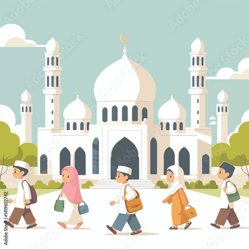 vector image of children going to mosque