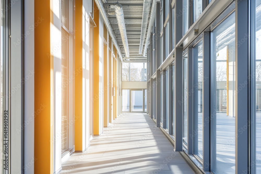 Fototapeta premium bright and modern corridor featuring large glass windows and orange accent walls, creating inviting atmosphere