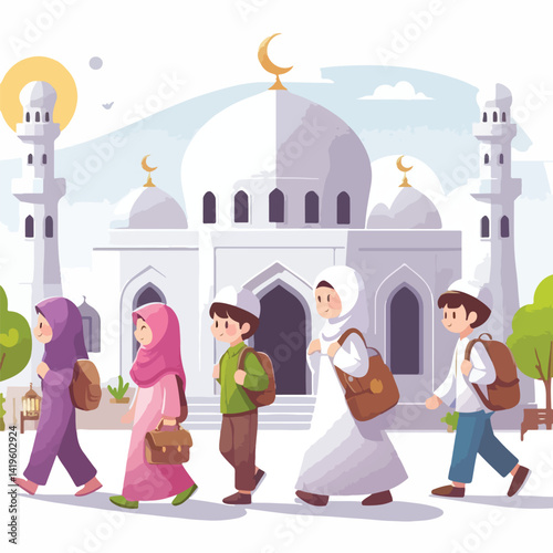 vector image of children going to mosque