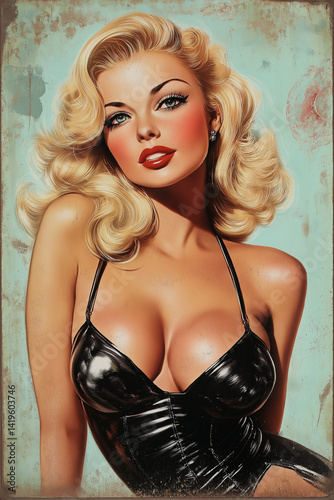 Blechschild mit blondem Pinup Mädchen