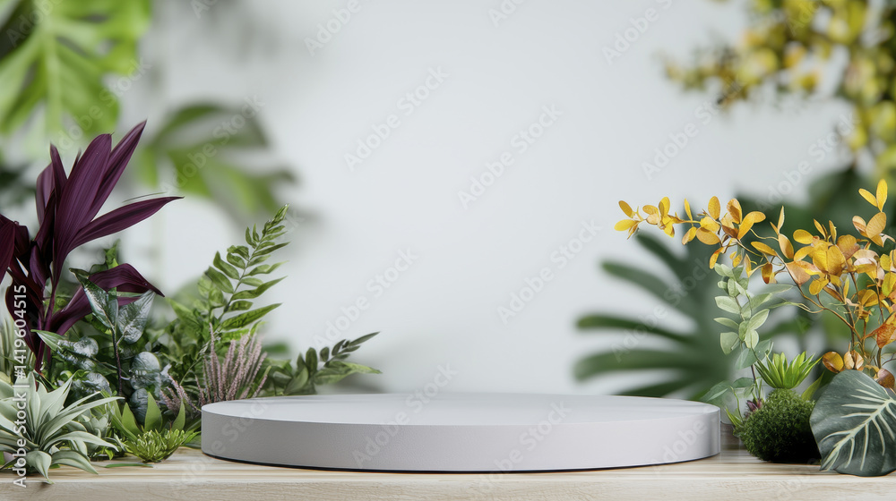 serene display podium surrounded by lush tropical plants, perfect for showcasing products or decor serene display podium surrounded by lush tropical plants, perfect for showcasing products or decor