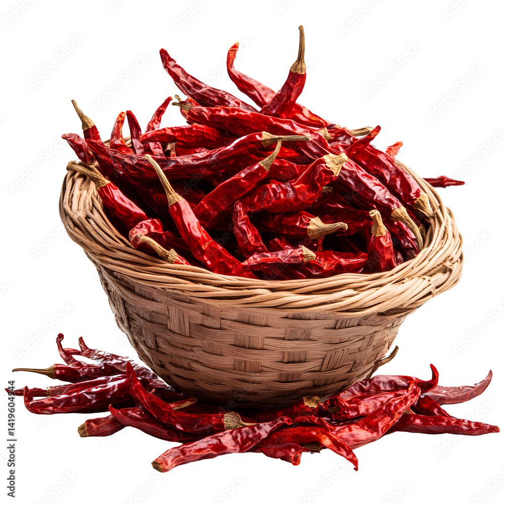 Fototapeta premium Dried red chili peppers, wooden baskets filled with dried chilies on a transparent background