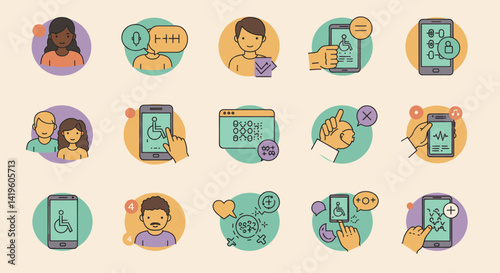 Diverse accessibility options concept for mobile devices and inclusive technology, showcasing various features and user interfaces for diverse user needs