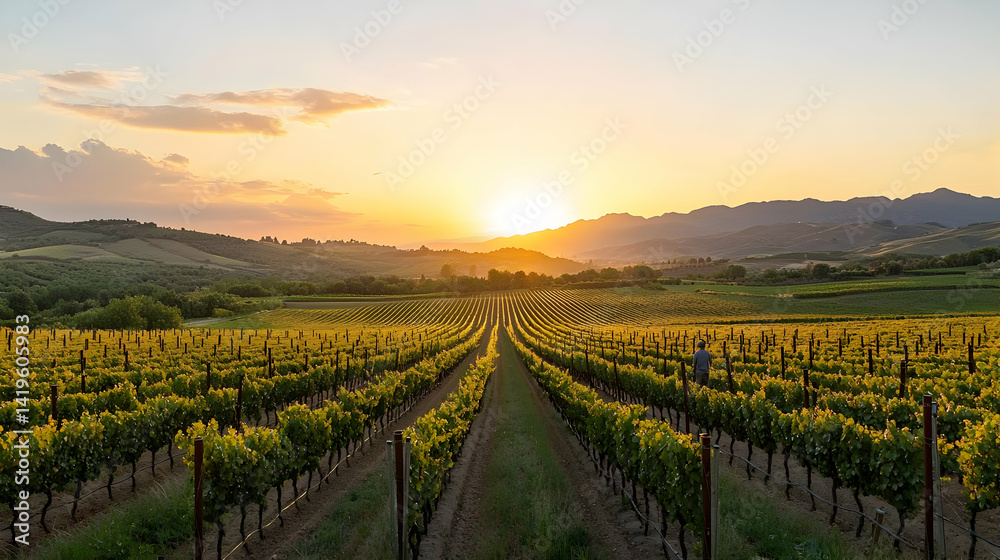 Fototapeta premium Vineyard Sunset Landscape In Tuscany
