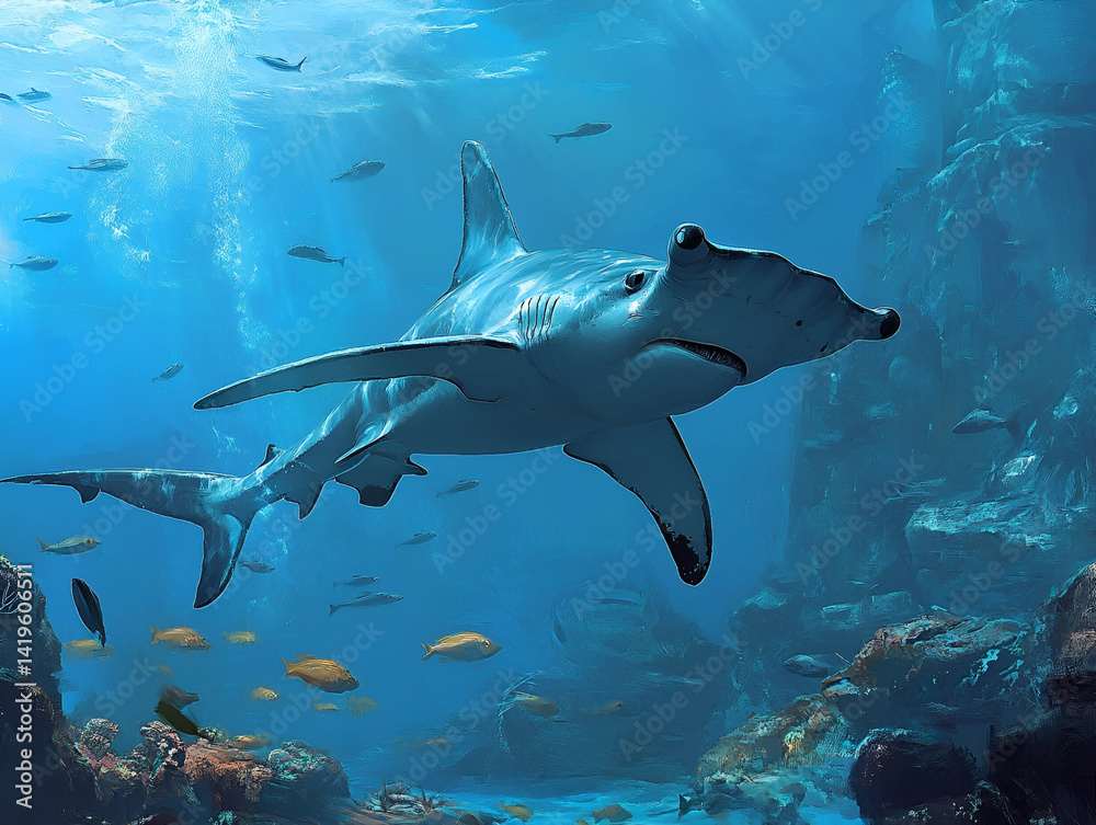 Fototapeta premium A Hammerhead shark swimming near a large rocky outcrop, its wide head moving through the water with ease, surrounded by schools of fish and marine life
