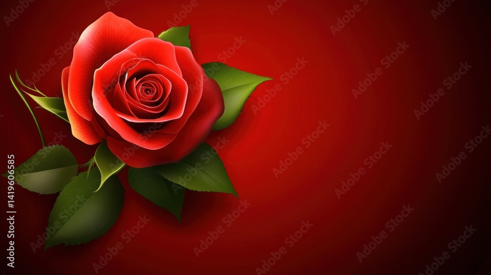 Fototapeta premium Vivid red rose with lush green leaves on a deep crimson background.