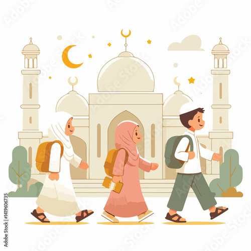 vector image of children going to mosque