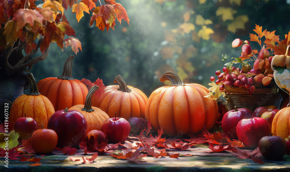 Autumn harvest scene with pumpkins, apples, and colorful leaves in a serene setting. Autumn harvest scene with pumpkins, apples, and colorful leaves in a serene setting.