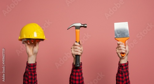 hands wearing red plaid shirts are raised up in front of a pastel red background, each hand holding a different construction tool