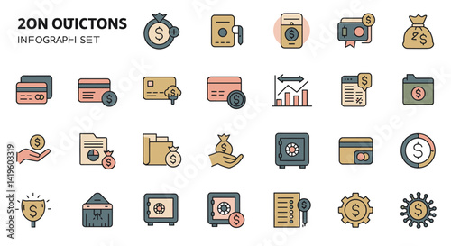 Financial infographic elements showcasing money, banking, and investment with dollar signs, credit cards, and safes
