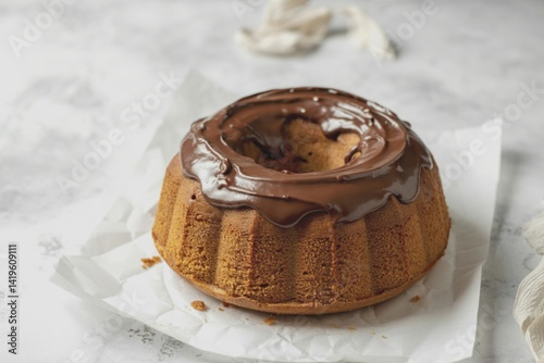 a freshly baked bundt cake topped with rich chocolate cream photo