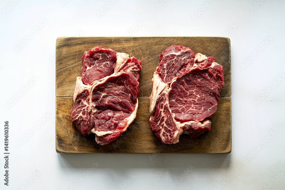 a raw beef steak and an alternative beef steak placed side by side a raw beef steak and an alternative beef steak placed side by side