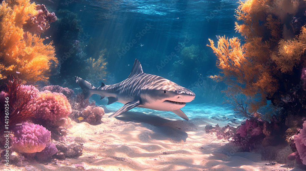 Fototapeta premium A Tiger Shark resting on the ocean floor, surrounded by soft corals and sand, the sunlight illuminating its striped body as it camouflages with the environment