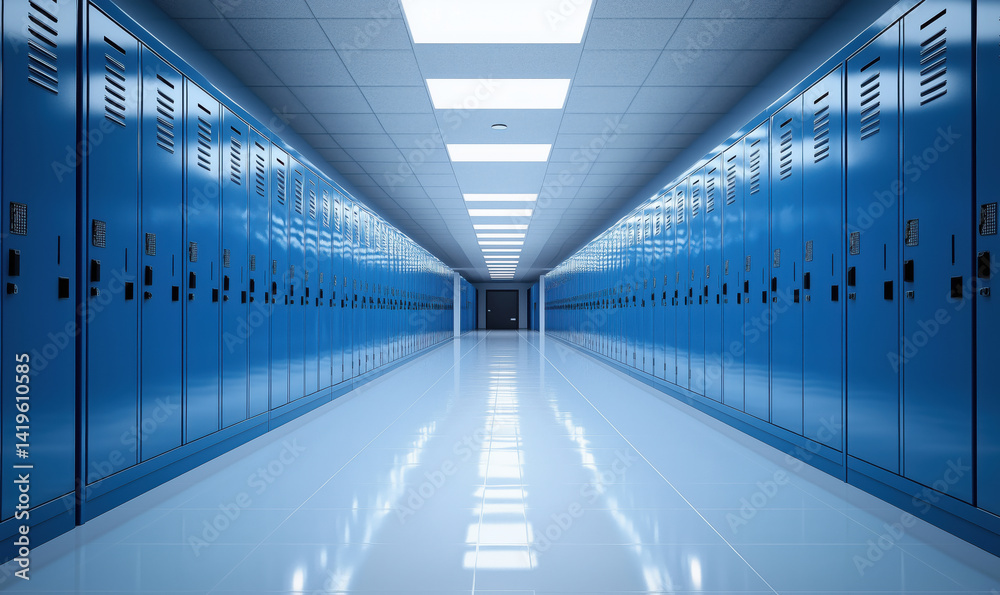 Blue school lockers in a bright hallway with polished floors and ceiling lights. Blue school lockers in a bright hallway with polished floors and ceiling lights.