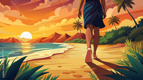 close up A person walks barefoot along a sandy beach path during a golden sunset.
