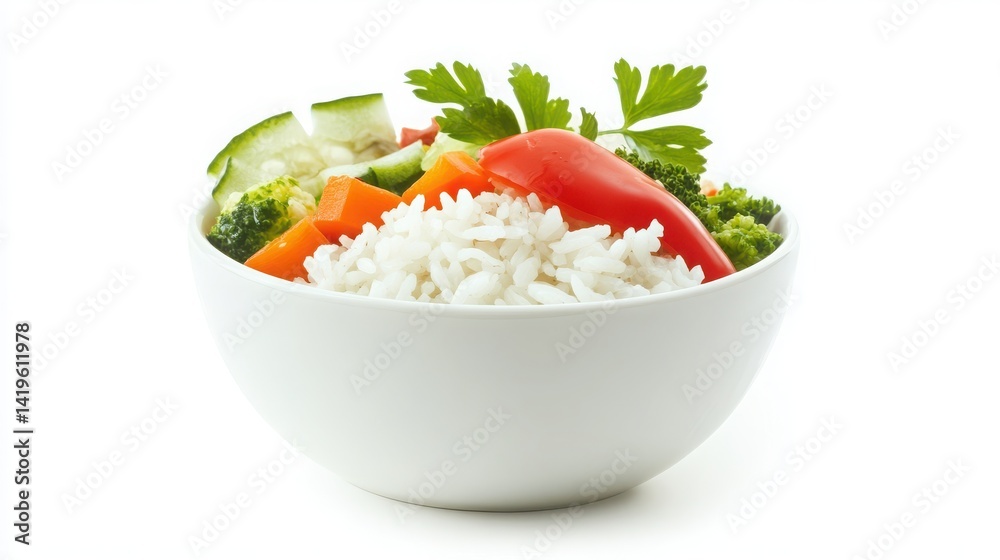 Rice bowl and veggie mix isolated with white background Rice bowl and veggie mix isolated with white background