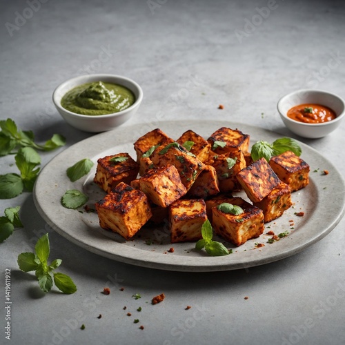 This delicious dinner features grilled chicken wings, roasted chicken with green vegetables, and grilled chicken with tomato on a plate, showcasing a healthy and gourmet meat meal