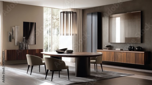 Elegant dining room featuring modern furniture and natural light