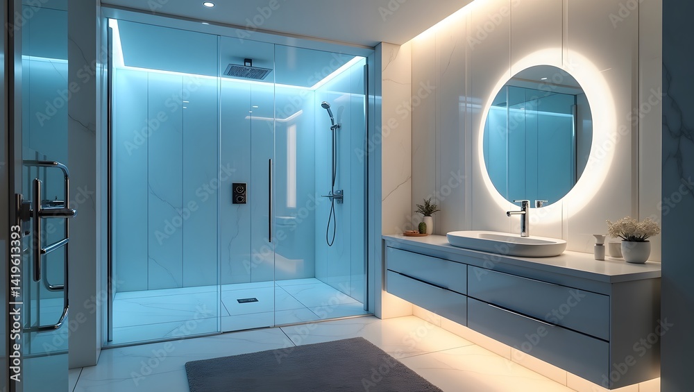 Futuristic bathroom with smart mirrors and ambient lighting.