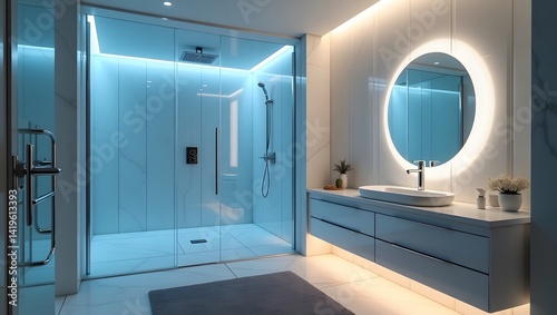 Obraz na płótnie Futuristic bathroom with smart mirrors and ambient lighting. w salonie