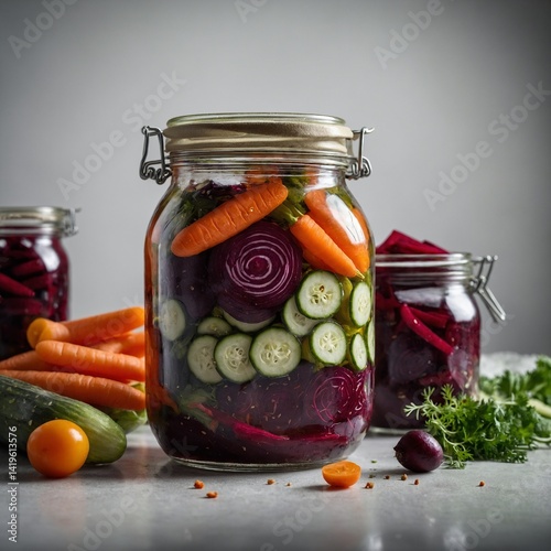 Jars of colorful pickled vegetables, including red tomatoes and green cucumbers, are preserved in glass containers