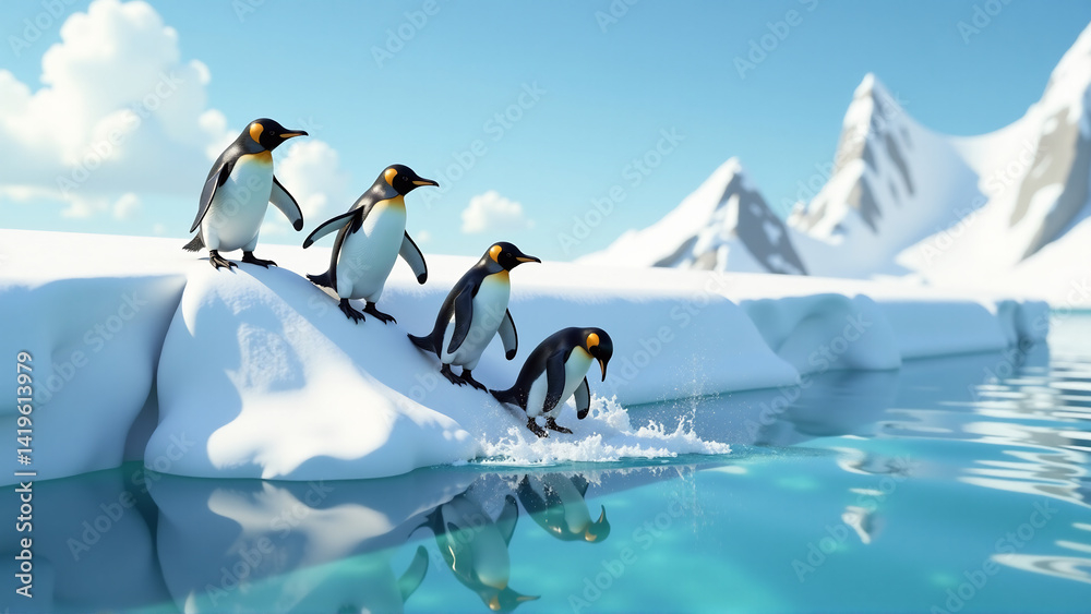Obraz premium Opening the Floodgates: Penguins Joyfully Sliding Down Melting Ice Barrier Labeled 