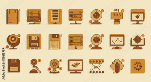 Retro Tech Icons Set Representing Floppy Disks, Servers, Webcams, and Cloud Computing with Vintage Style