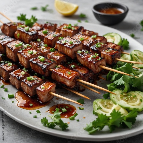 Grilled pork ribs and chicken wings are delicious barbecue meat dishes, sometimes served with vegetables