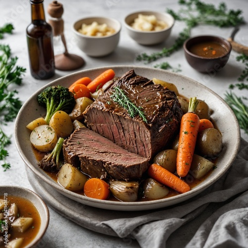 Grilled lamb chops and beef steak with roasted vegetables make a gourmet meat dish