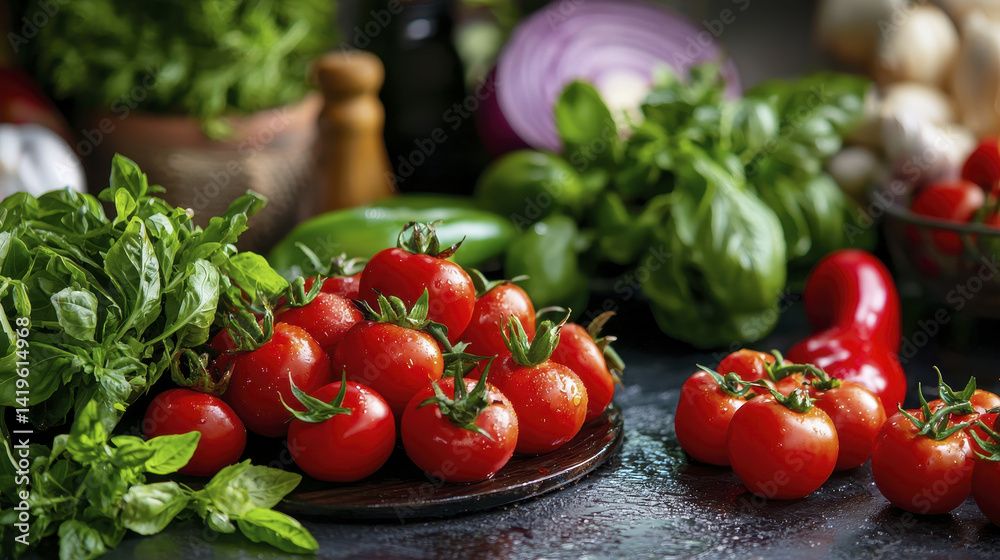 Fresh tomatoes, basil, and various vegetables create vibrant and colorful display, perfect for healthy cooking Fresh tomatoes, basil, and various vegetables create vibrant and colorful display, perfect for healthy cooking