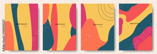 A set of four colorful posters with a bold, abstract design. The posters are titled 