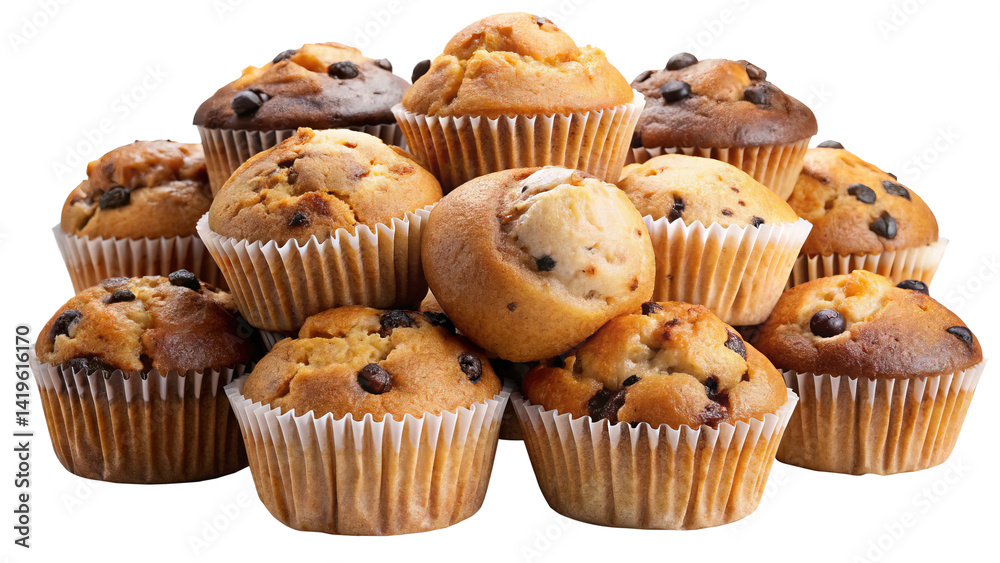A delicious pile of assorted muffins with chocolate chips and various flavors A delicious pile of assorted muffins with chocolate chips and various flavors