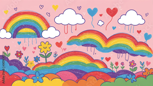 Rainbow Landscape with Cute Flowers, Hearts, and Clouds Childlike Drawing Illustration