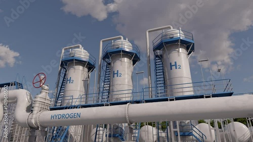 Blue hydrogen production. Extraction of hydrogen from natural gas during petroleum production. Time lapse. 3D rendering