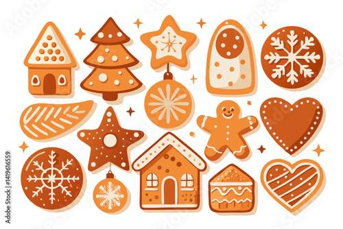 Assortment of christmas gingerbread cookies including houses stars and a gingerbread man illustration