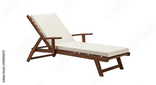 A wooden lounge chair with white cushions isolated on a black background in a studio shot animal, icon,  cartoon, vegetables, fruits, png, event,