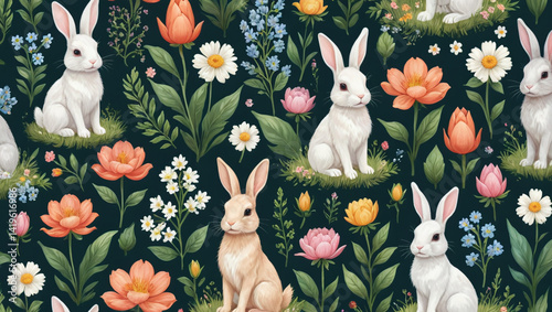 Adorable Spring Seamless Pattern Bunnies and Blossoms