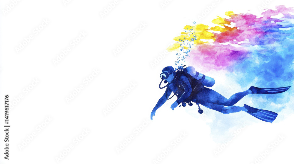 Obraz premium watercolor illustration of diver gracefully swimming underwater, surrounded by vibrant colors and bubbles, evokes sense