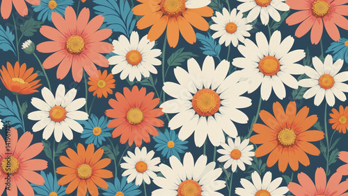 Seamless Floral Pattern Vintage 70s Style Daisy Design