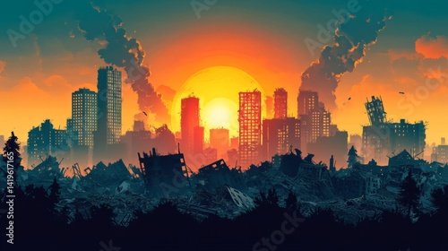 Ruined City at Sunset: Dark Silhouette and Orange Sky