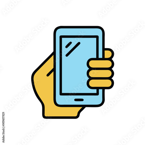 smartphone held upright hand on white background