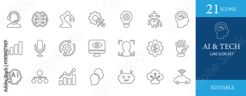 Clean and modern AI and  Tech line icon set. Includes robot, brain, machine learning, automation, neural network, and smart technology icons. Perfect for web and UI