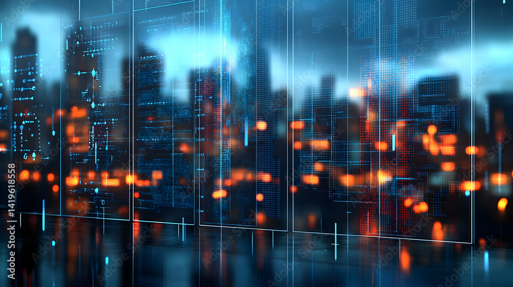 Obraz premium Futuristic Cityscape Night View Through Glass Walls