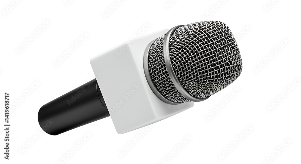 A professional microphone with a black handle and a white square box on a black background