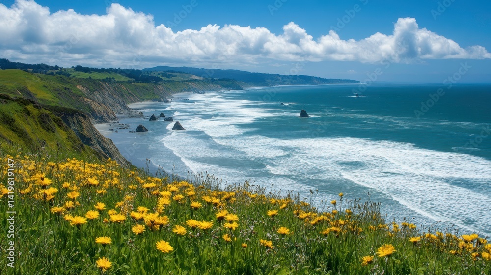 Serene coastal scene vibrant ocean waves crashing shore wildflowers Serene coastal scene vibrant ocean waves crashing shore wildflowers
