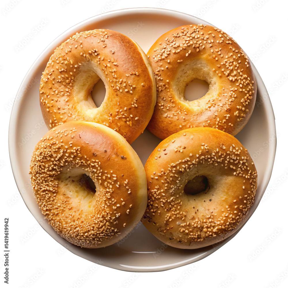 Four golden sesame bagels arranged symmetrically on a neutral colored plate Four golden sesame bagels arranged symmetrically on a neutral colored plate