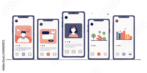 Illustration of five mobile phones displaying different app interfaces and user interface elements design