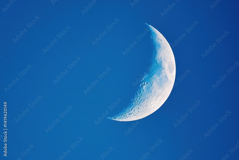 Close up picture of waxing crescent moon in blue sky Close up picture of waxing crescent moon in blue sky